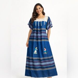 VTG Tejidos Lemare Handwoven Wool Maxi Dress Ecuadorian Folk Embroidered Boho M
